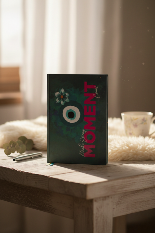 Notebook with decorative cover on a wooden table with a soft blurred background